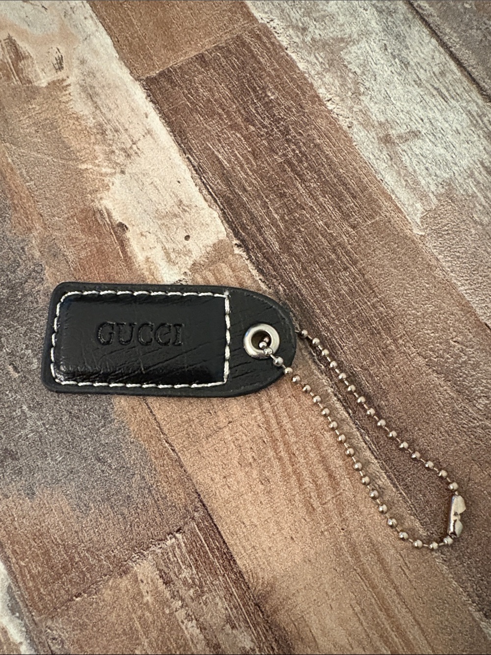 Gucci Black Leather bag Tag with Silver Bead Chain